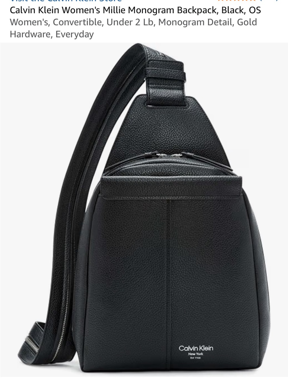 Calvin Klein Black Pebbled Leather Convertible Sling Backpack